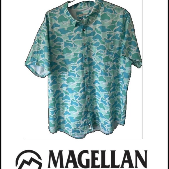 Magellan Outdoors Men's Blue Camo Shore and Line Washed Out Fishing Shirt - Picture 1 of 2